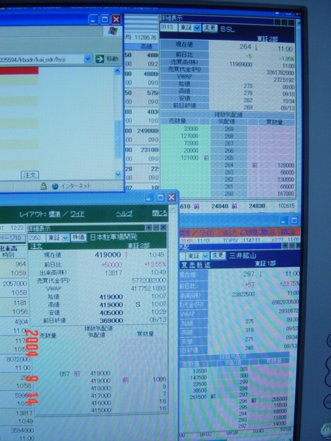 板情報右上がマネックス証券、右下東洋証券、左メイン松井証券の板